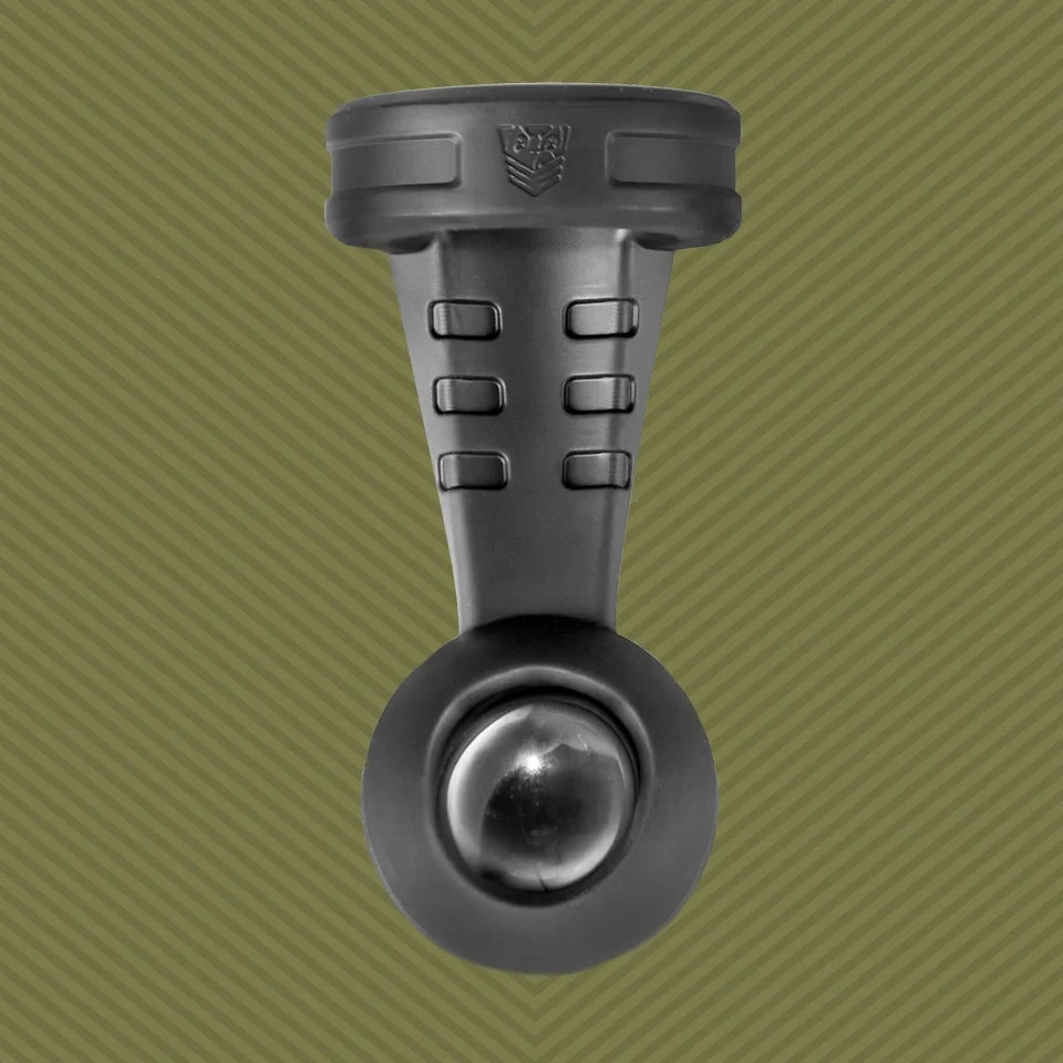 Swing N Hang ball stretcher front view, chrome ball on olive, Fort Troff gay gear at Boyzshop