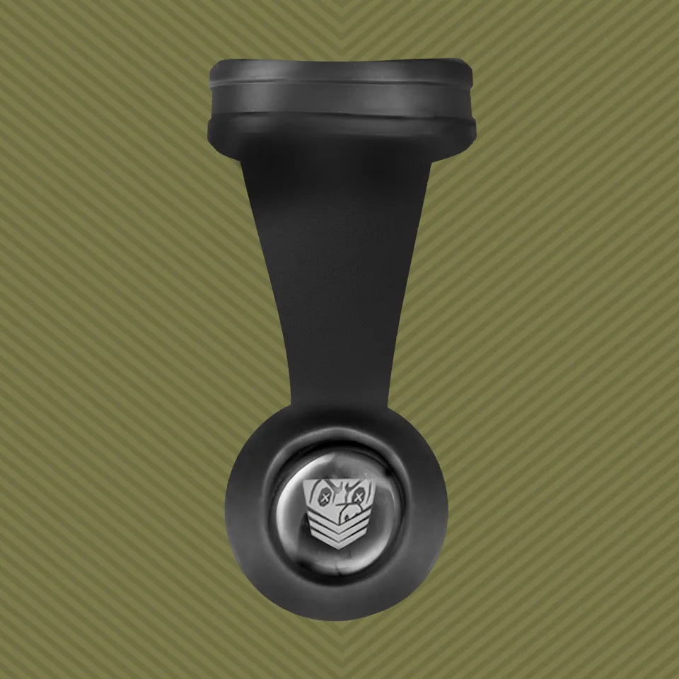 Swing N Hang ball stretcher with silicone strap plus chrome weight, olive backdrop, Fort Troff gay gear at Boyzshop