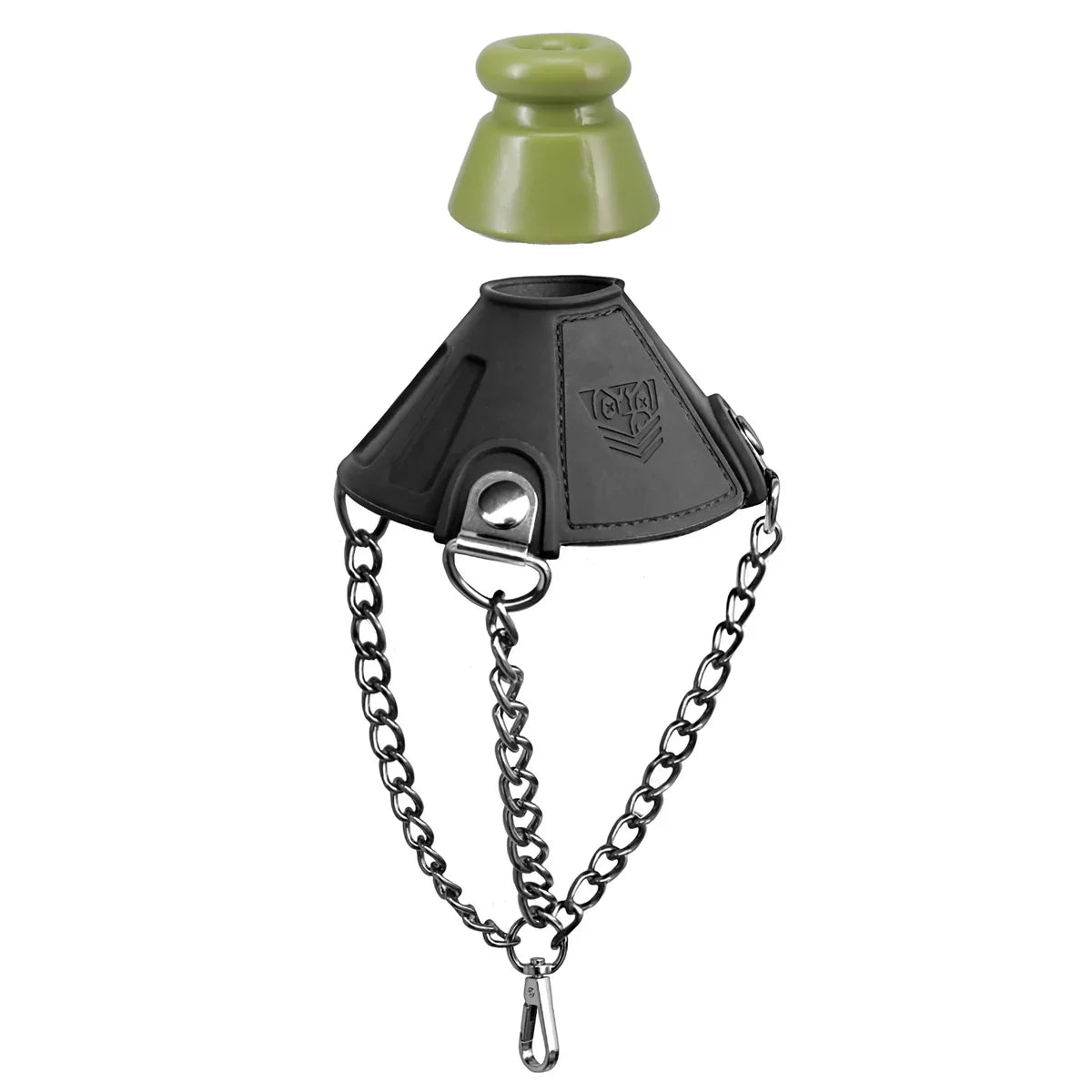 Apex Ball Chute black ball parachute with 3 chains to a clip, olive bumper ring above it, Fort Troff gay gear at Boyzshop