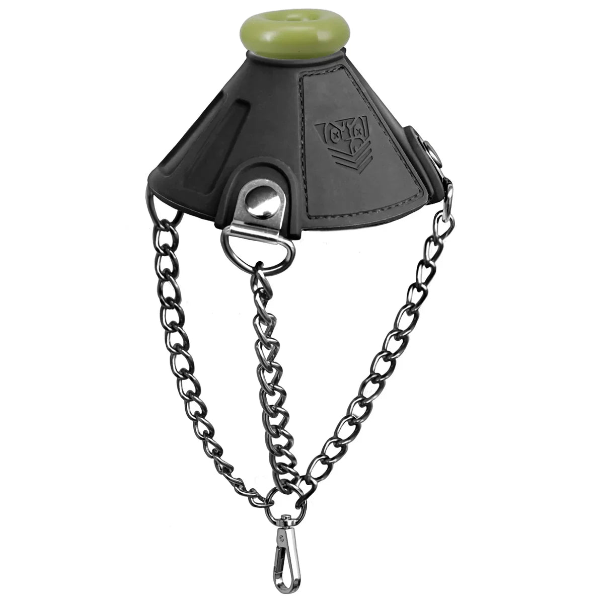 Apex ball stretcher parachute with the olive bumper fitted on top, chains meeting at the clip, Fort Troff gay gear at Boyzshop