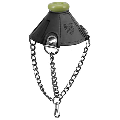 Apex ball stretcher parachute with the olive bumper fitted on top, chains meeting at the clip, Fort Troff gay gear at Boyzshop