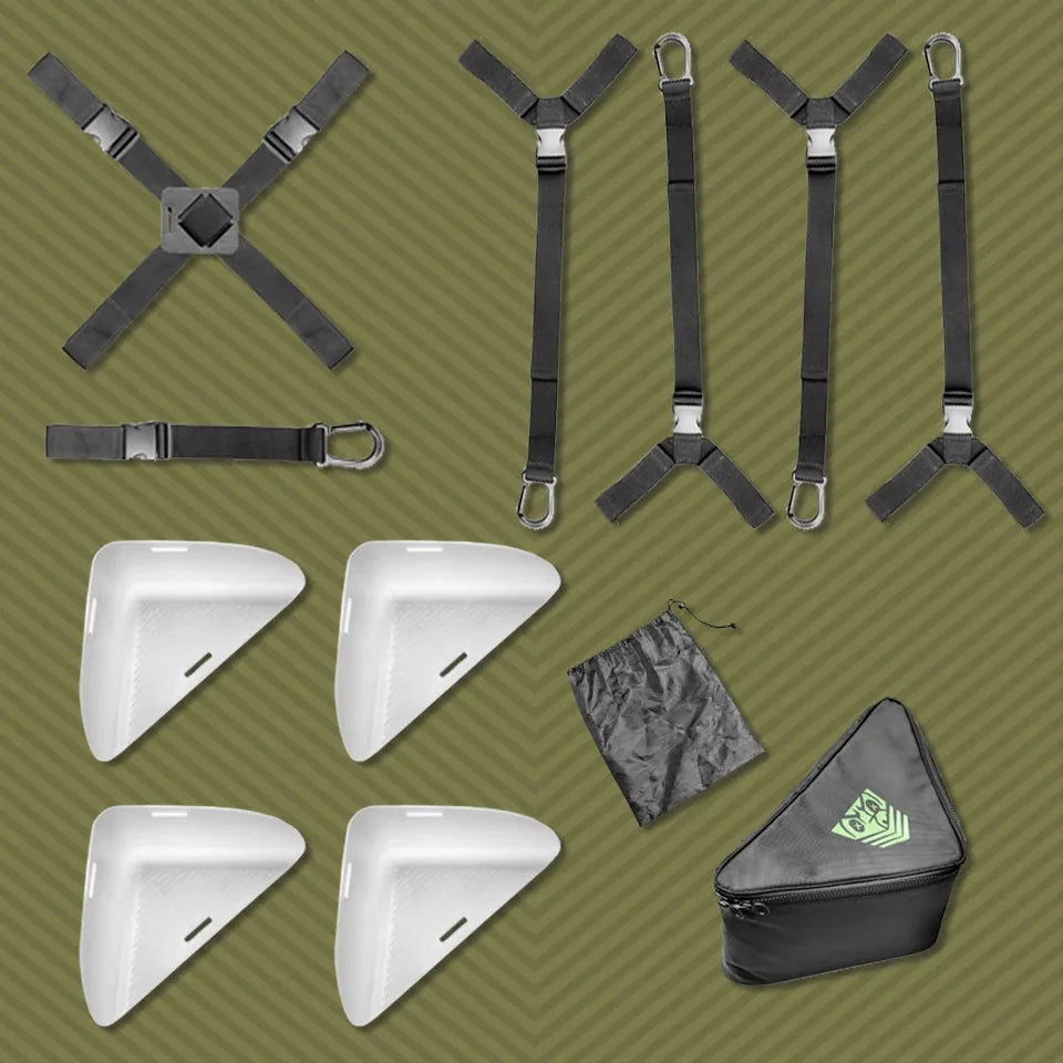 Rock Steady kit laid out: 4 molded corners, wrist and ankle straps, ball strap, travel bag, Fort Troff gay gear at Boyzshop