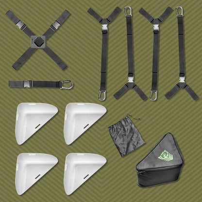 Rock Steady kit laid out: 4 molded corners, wrist and ankle straps, ball strap, travel bag, Fort Troff gay gear at Boyzshop