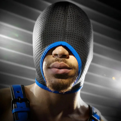 Model wearing the Perforated bondage hood in black mesh with blue trim, open mouth over his beard, Fort Troff gay gear at Boyzshop