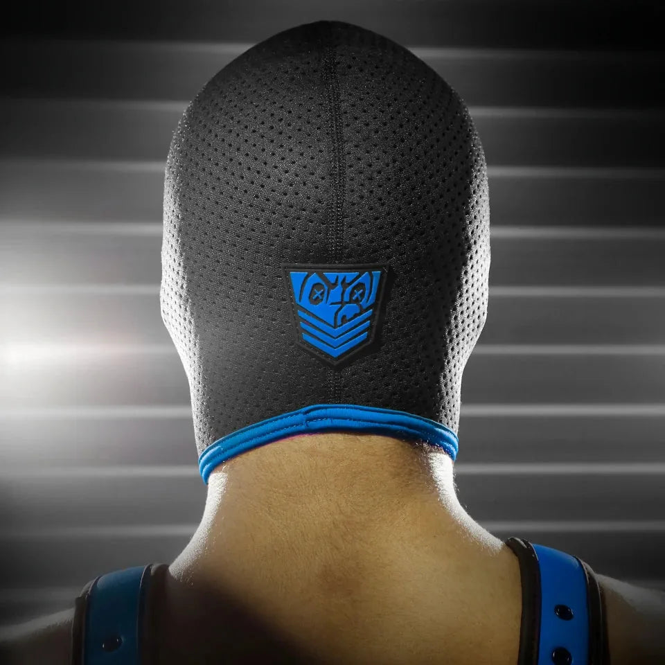 Back of the Perforated bondage hood with a blue Fort Troff shield at the base of the neck, Fort Troff gay gear at Boyzshop