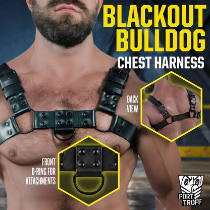 Black chest harness on a hairy chest with back view and D-ring insets, Fort Troff gay gear at Boyzshop