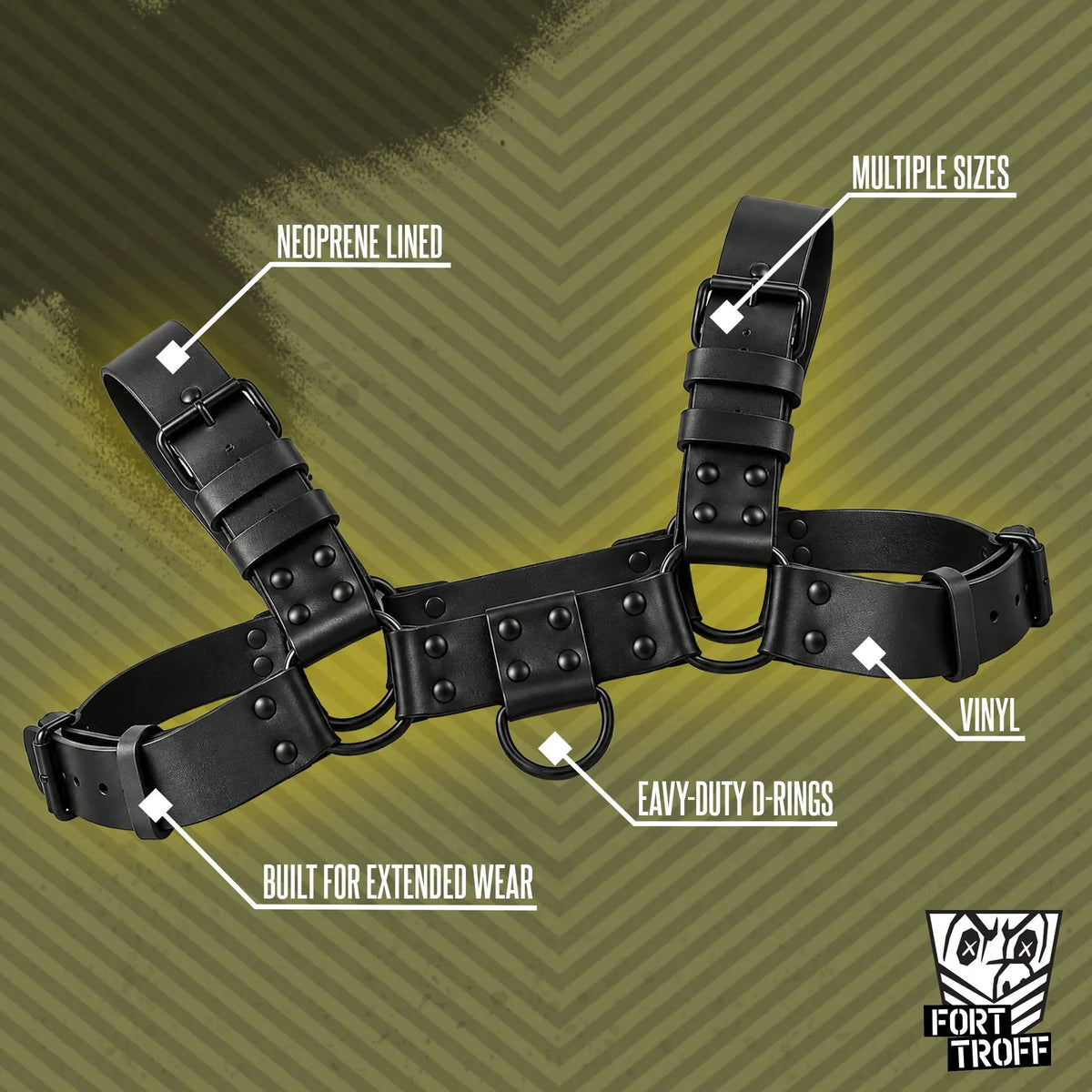 Bulldog harness laid out with callouts for neoprene lining and D-rings, Fort Troff gay gear at Boyzshop