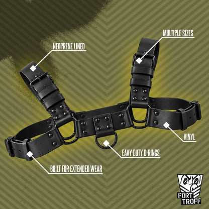 Bulldog harness laid out with callouts for neoprene lining and D-rings, Fort Troff gay gear at Boyzshop