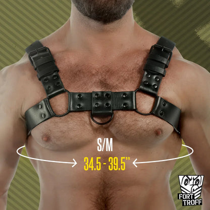 Chest harness on a hairy chest with the S/M fit of 34.5 to 39.5 in shown, Fort Troff gay gear at Boyzshop