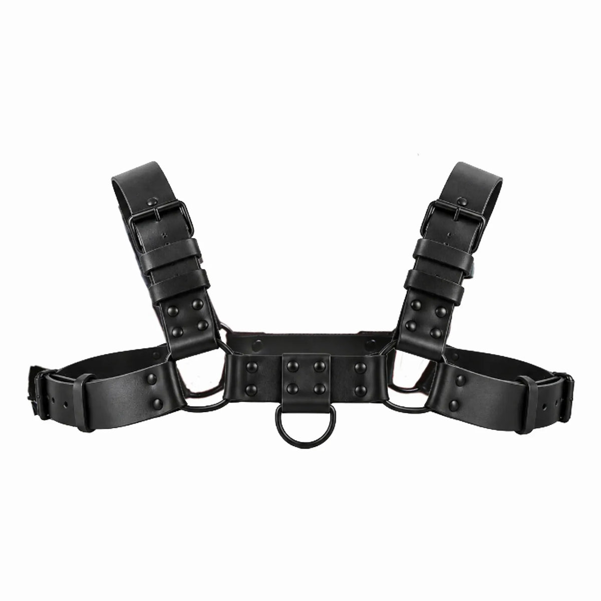 Blackout Bulldog chest harness laid flat on white, buckles and D-ring, Fort Troff gay gear at Boyzshop