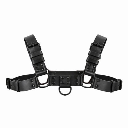 Blackout Bulldog chest harness laid flat on white, buckles and D-ring, Fort Troff gay gear at Boyzshop