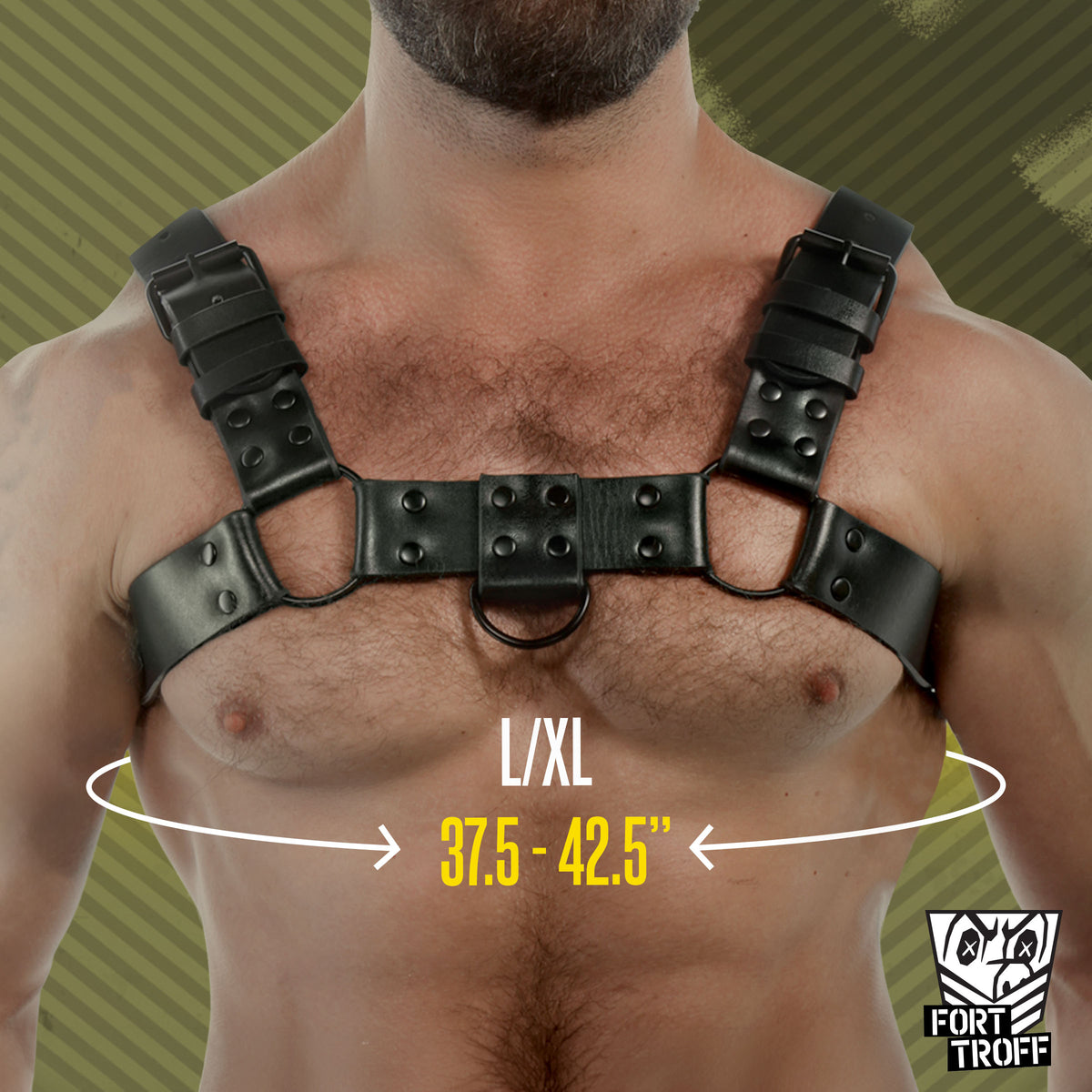 Blackout Bulldog chest harness on a model with the LG/XL fit of 37.5 to 42.5 in shown, Fort Troff gay gear at Boyzshop