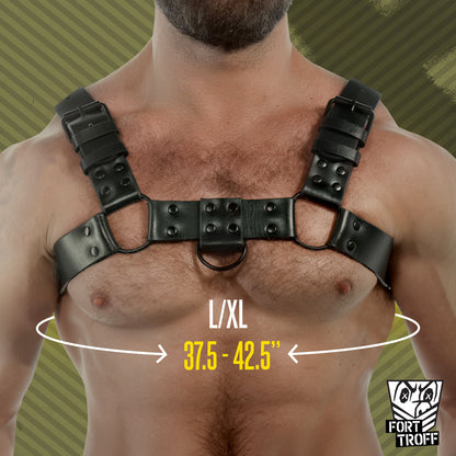 Blackout Bulldog chest harness on a model with the LG/XL fit of 37.5 to 42.5 in shown, Fort Troff gay gear at Boyzshop