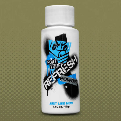 Real Deal Refresh toy renewal powder bottle on an olive dotted backdrop, Fort Troff gay gear at Boyzshop