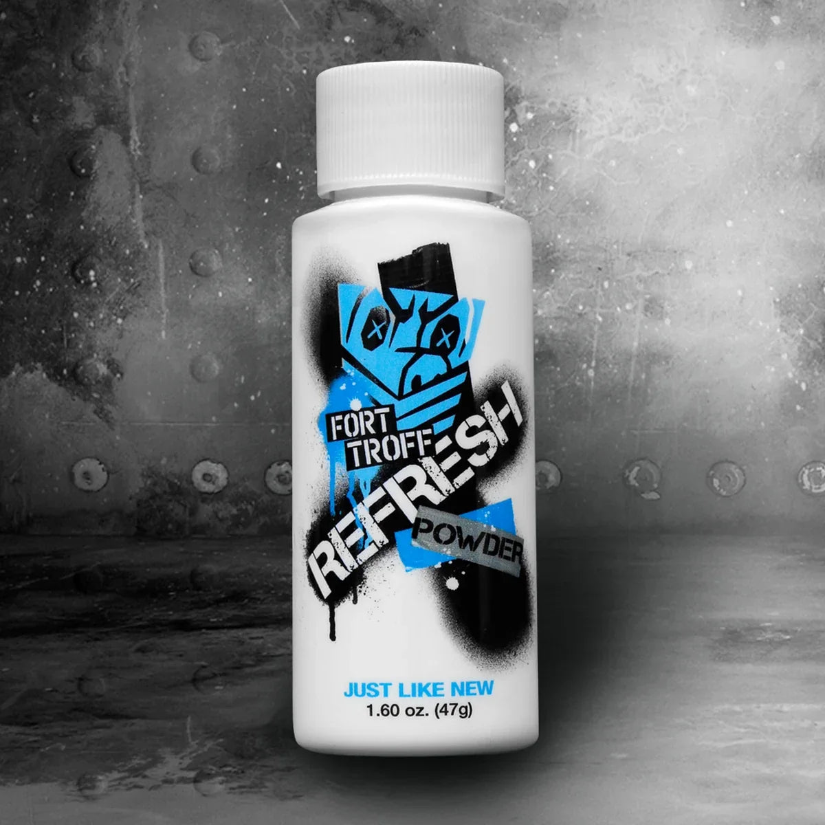 Real Deal Refresh renewal powder bottle on a riveted steel background, Fort Troff gay gear at Boyzshop
