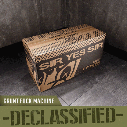 Grunt fuck machine shipping box with Sir Yes Sir print, declassified banner, Fort Troff gay gear at Boyzshop