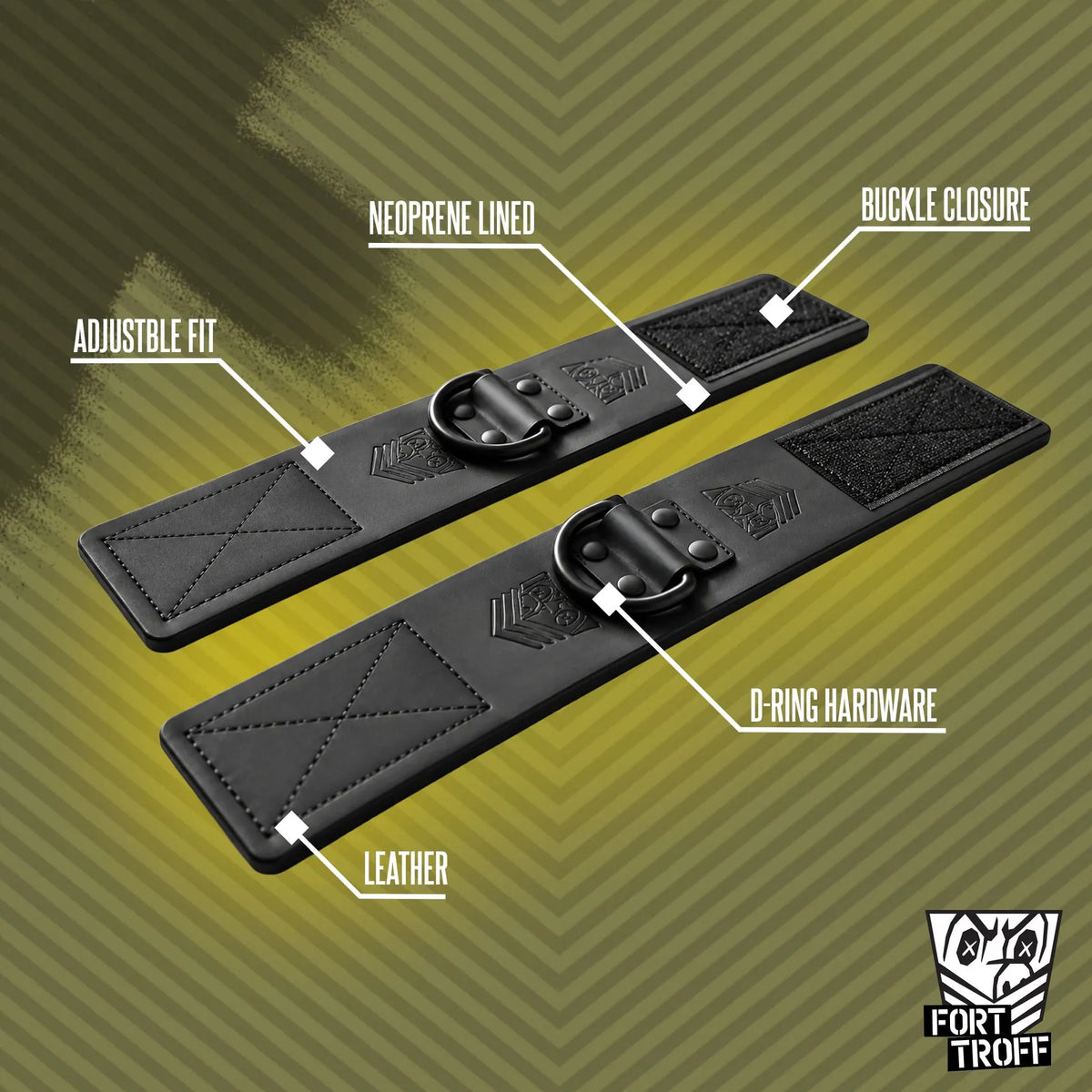 Leather ankle cuffs pair laid open with callouts for neoprene lining, adjustable fit, D-rings, Fort Troff gay gear at Boyzshop