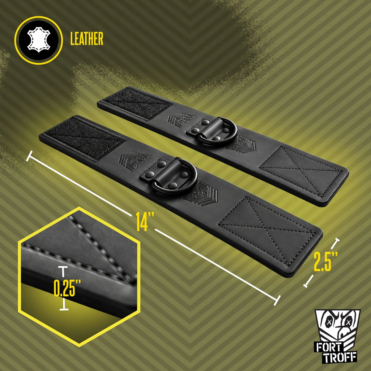 Leather ankle cuffs size graphic marking 14 inch length, 2.5 inch width, 0.25 inch thickness, Fort Troff gay gear at Boyzshop