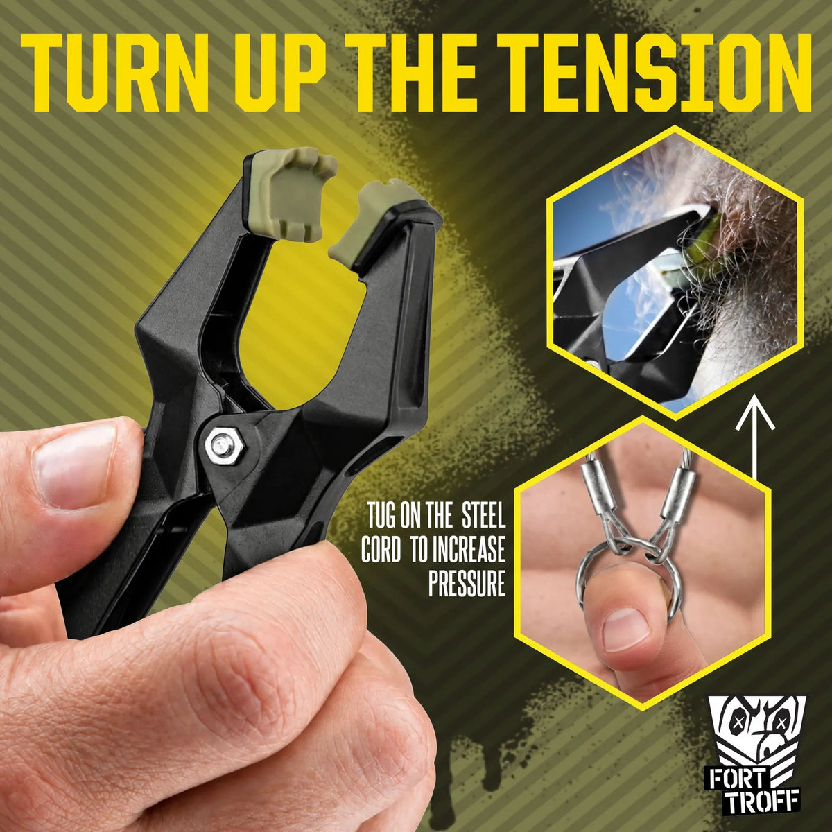 Turn Up The Tension graphic, hand opening an XL nipple clamp, cord inset, Fort Troff gay gear at Boyzshop