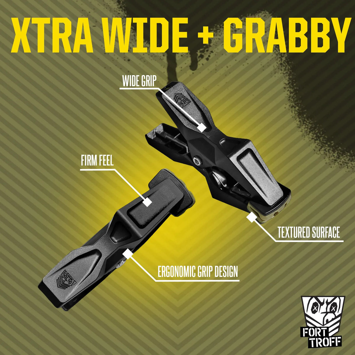 Xtra Wide graphic calling out the wide grip and textured nipple clamp pads, Fort Troff gay gear at Boyzshop