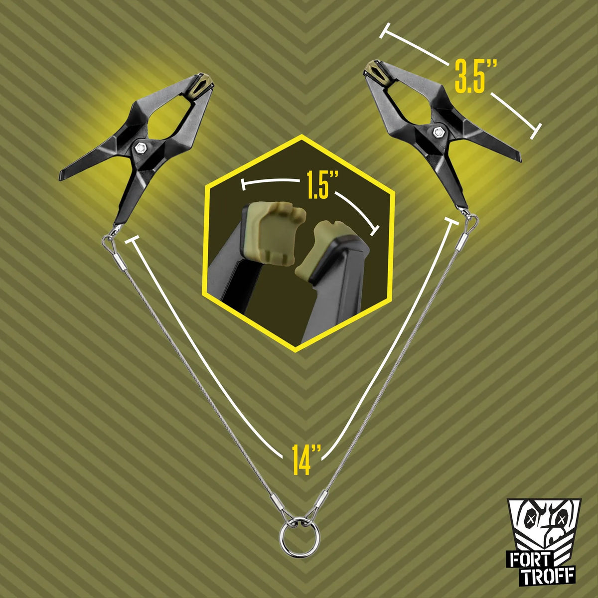 Nipple clamps dimension graphic, 14 in steel cord with a center O-ring, Fort Troff gay gear at Boyzshop