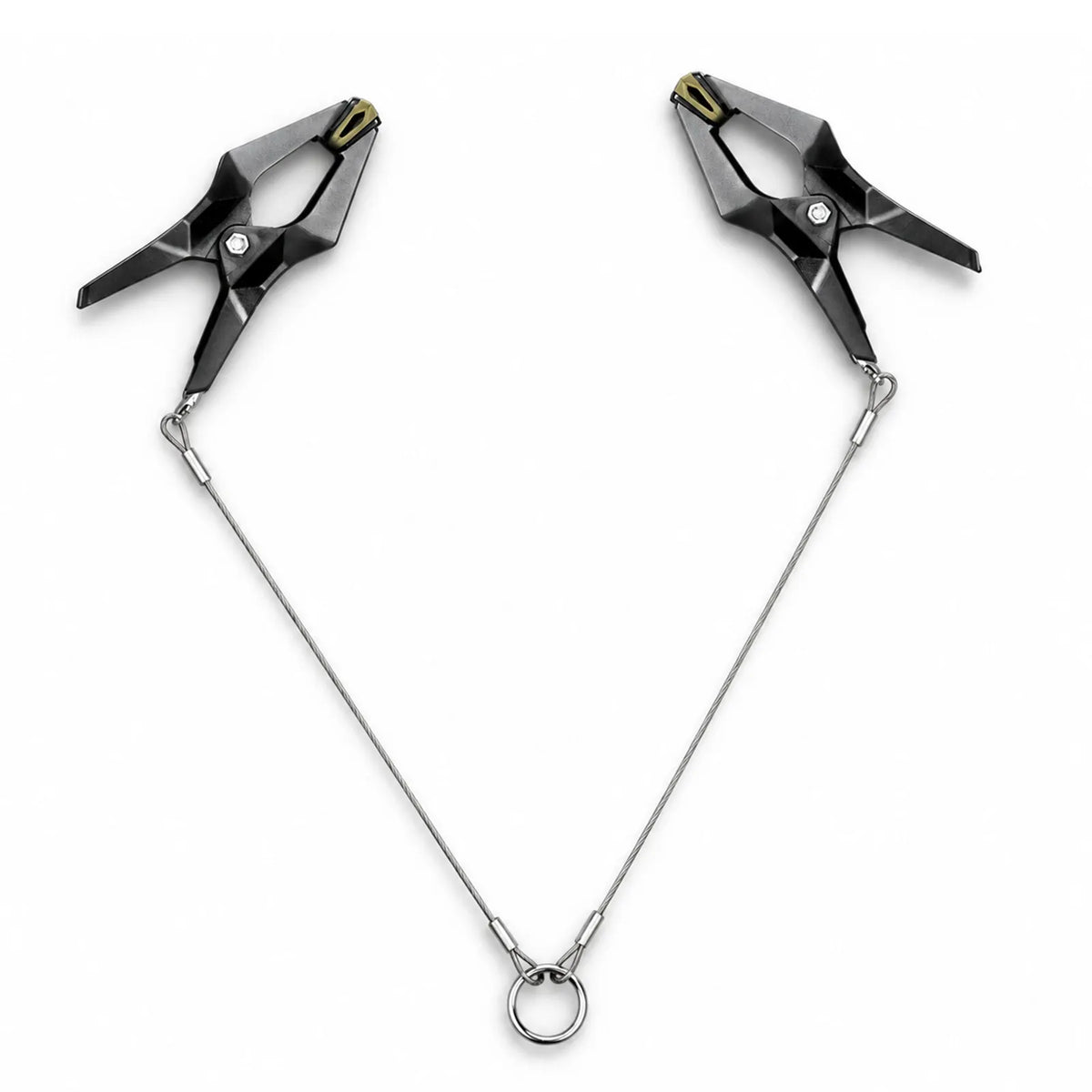 Pair of XL nipple clamps with steel cord and center ring on white, Fort Troff gay gear at Boyzshop
