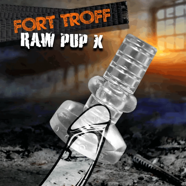 Clear Raw Pup X open-ended penis sleeve with its knot base, animated, Fort Troff gay gear at Boyzshop