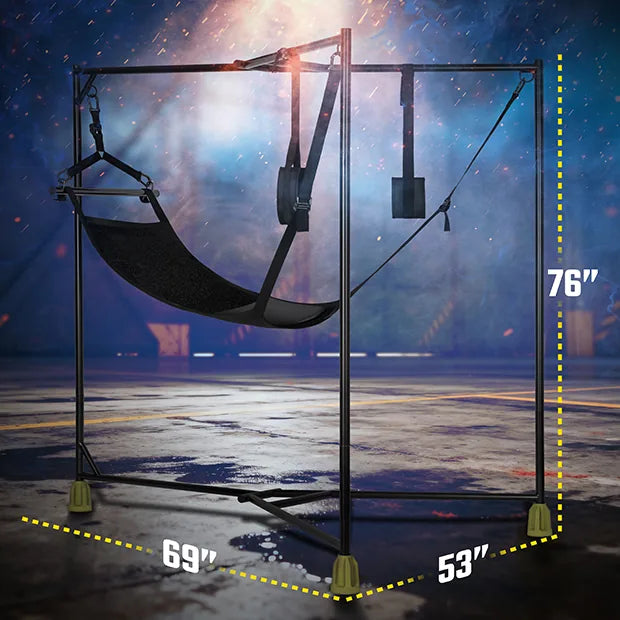 Hammock Hangar Velvet Guard sling stand dimensions: 76 in tall on a 69 in by 53 in footprint