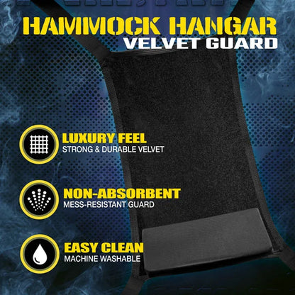 Velvet Guard sling callouts: luxury velvet feel, non-absorbent mess-resistant guard, machine washable