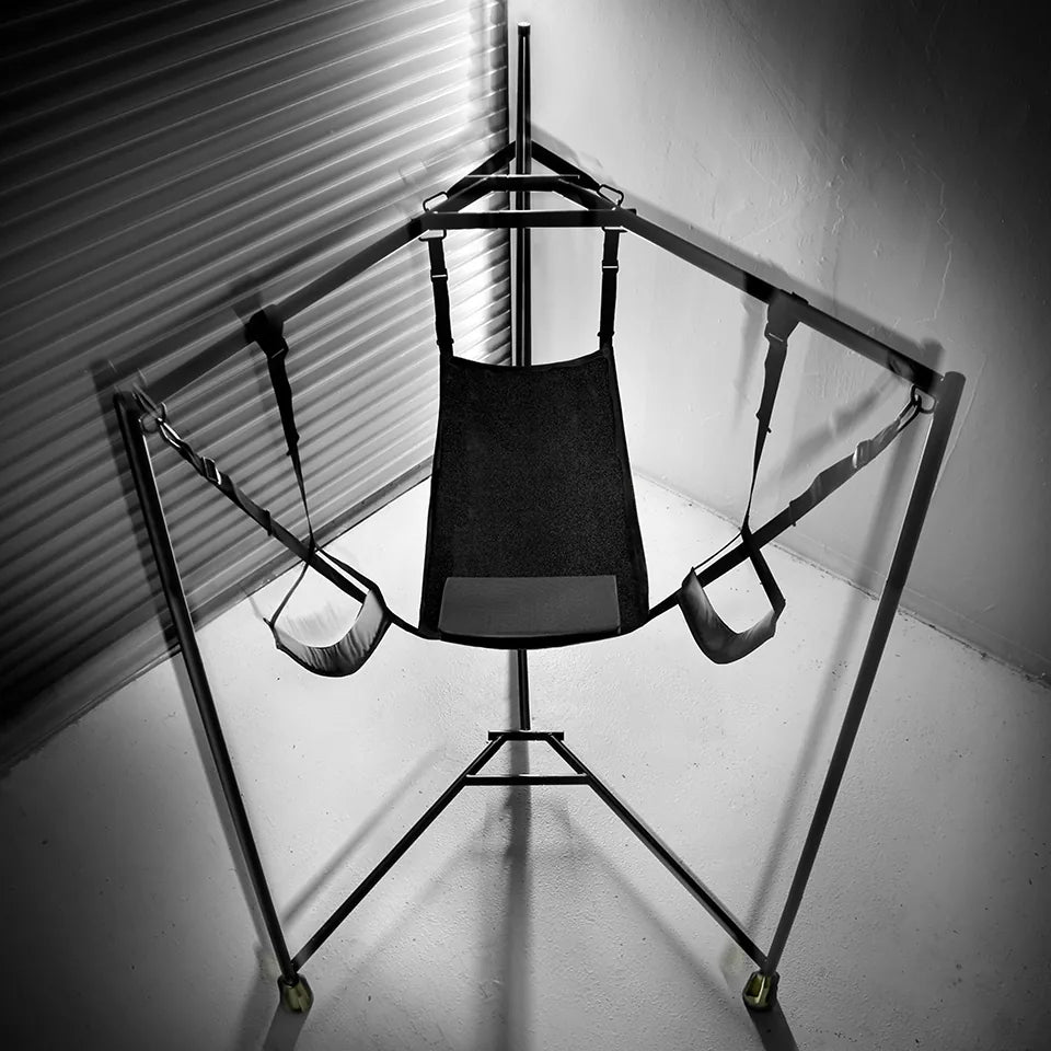 Hammock Hangar Velvet Guard sex sling frame with the velvet hammock, butt pillow and padded stirrups
