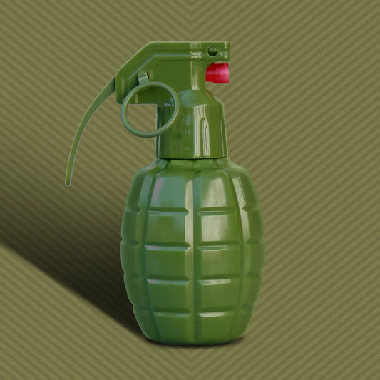 Green grenade-shaped sex toy cleaner spray bottle, 2 oz travel size, red trigger, Fort Troff gay gear at Boyzshop
