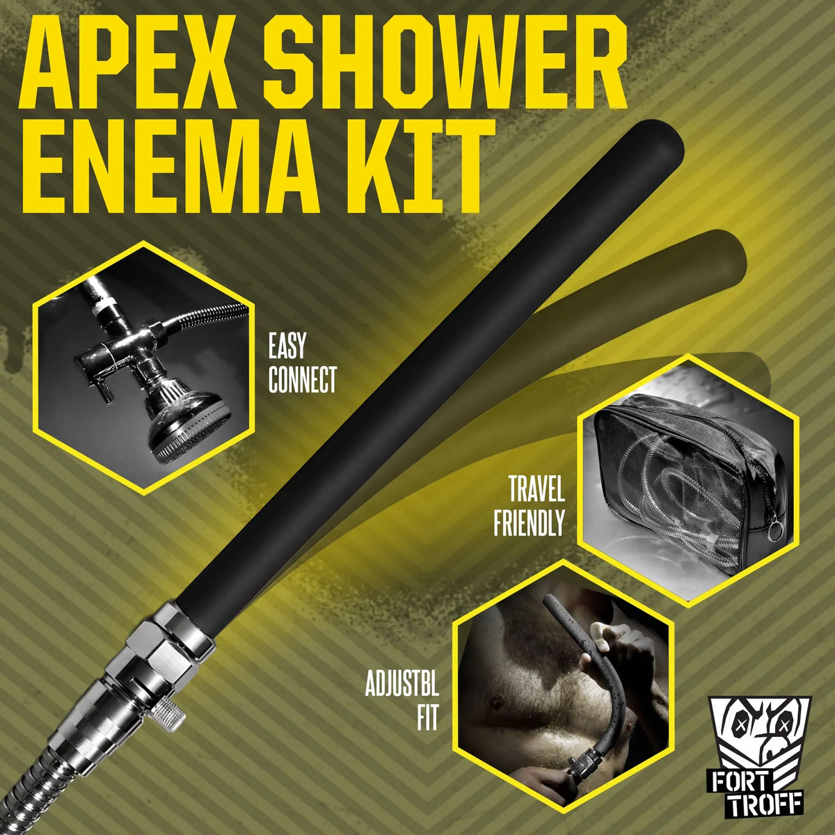 Apex Shower Enema Kit graphic, black silicone nozzle with easy connect, travel bag, fit insets, Fort Troff gay gear at Boyzshop