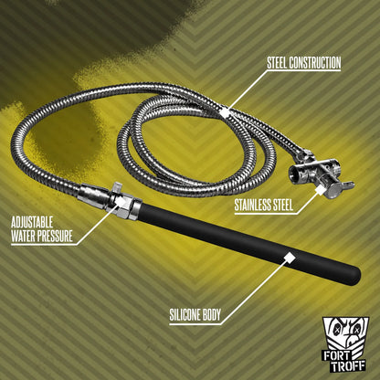 Apex shower enema callout diagram of the steel hose, diverter, pressure valve, silicone nozzle, Fort Troff gay gear at Boyzshop