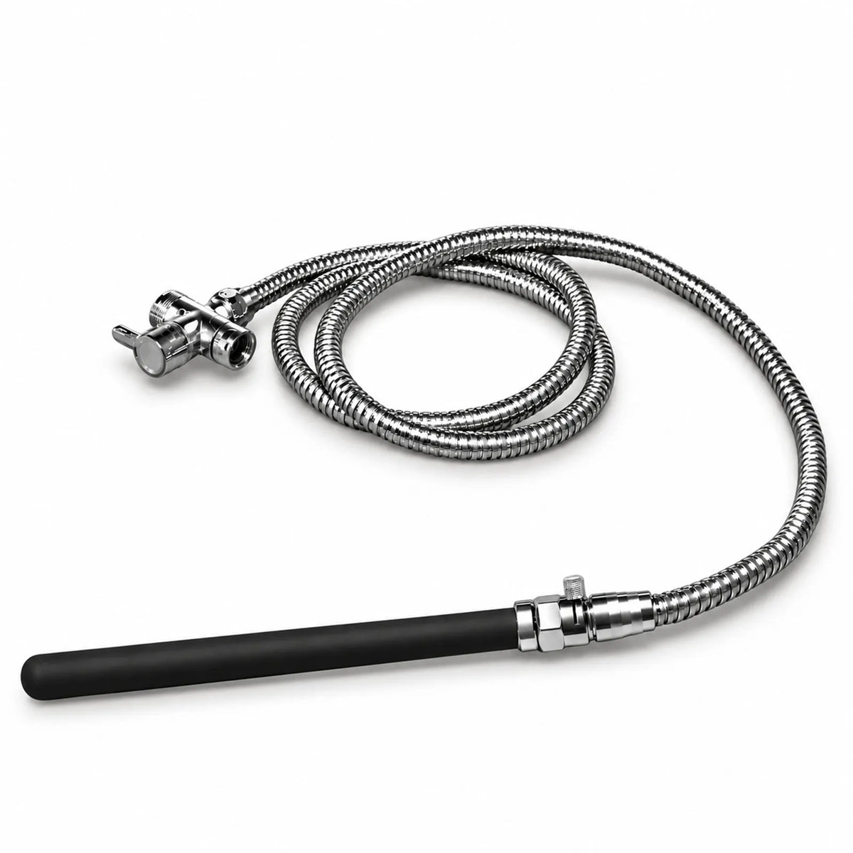 Apex shower douche kit with black silicone nozzle, toggle valve, steel hose, diverter on white, Fort Troff gay gear at Boyzshop