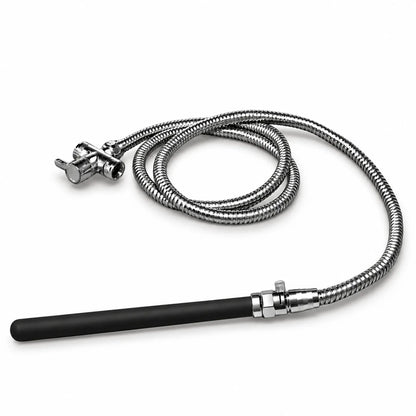 Apex shower douche kit with black silicone nozzle, toggle valve, steel hose, diverter on white, Fort Troff gay gear at Boyzshop