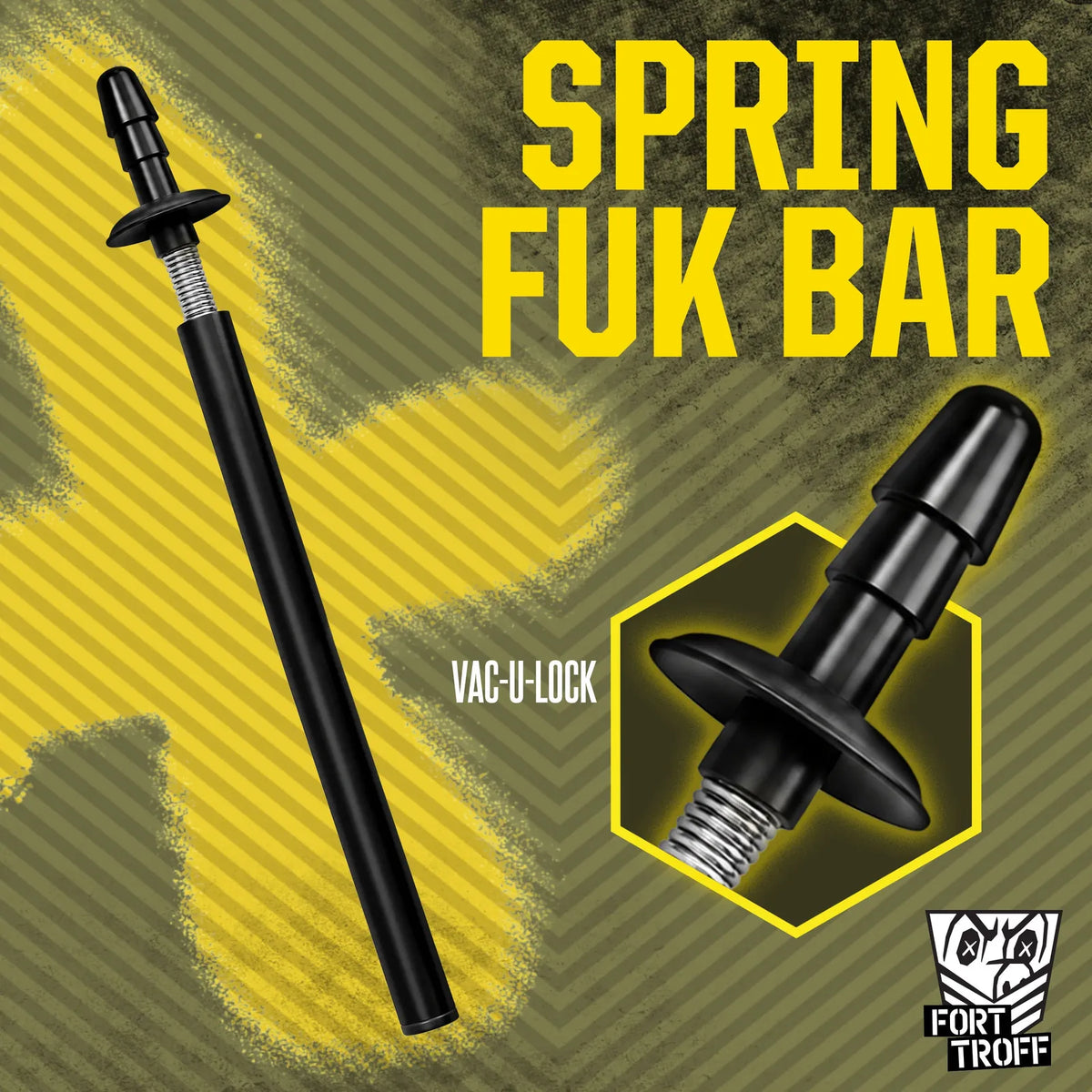 Spring Fuk Bar graphic with a close-up inset of the Vac-U-Lock tip on its spring, Fort Troff gay gear at Boyzshop