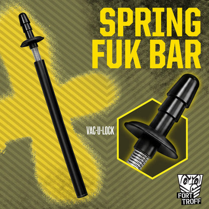 Spring Fuk Bar graphic with a close-up inset of the Vac-U-Lock tip on its spring, Fort Troff gay gear at Boyzshop
