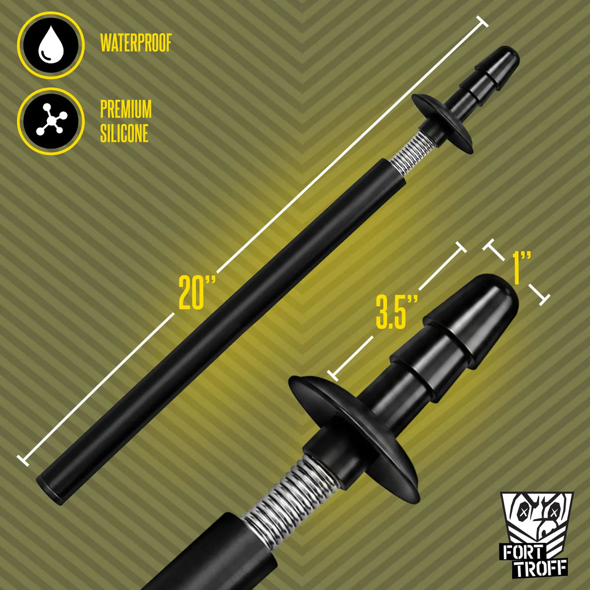 Spring Fuk Bar measurement graphic with a close-up of the Vac-U-Lock tip plus spring, Fort Troff gay gear at Boyzshop