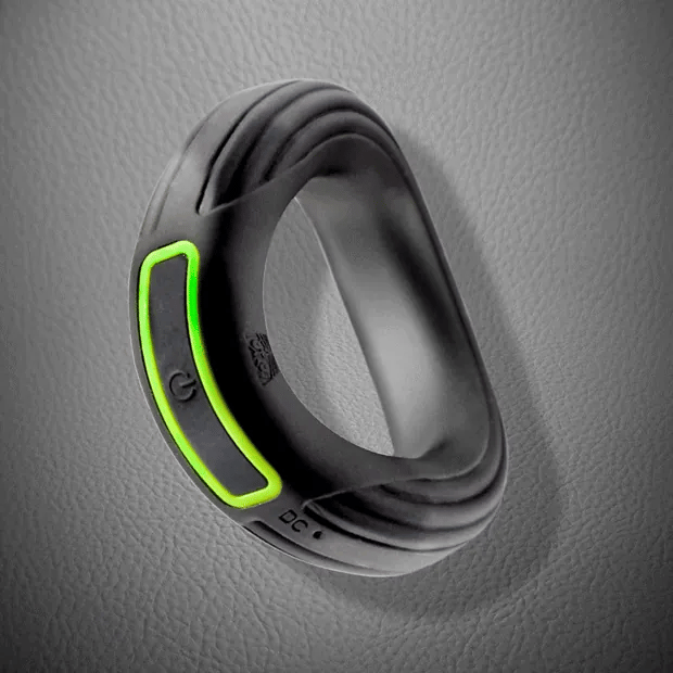 Rev Cock Throbber ribbed silicone ring with its glowing green power button, Fort Troff gay gear at Boyzshop