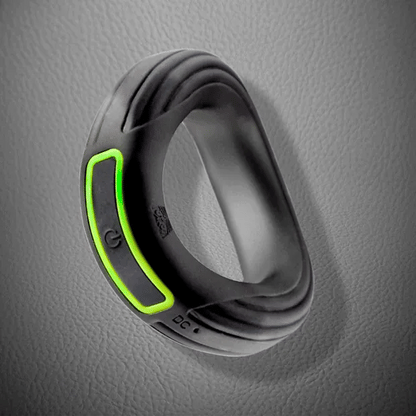 Rev Cock Throbber ribbed silicone ring with its glowing green power button, Fort Troff gay gear at Boyzshop