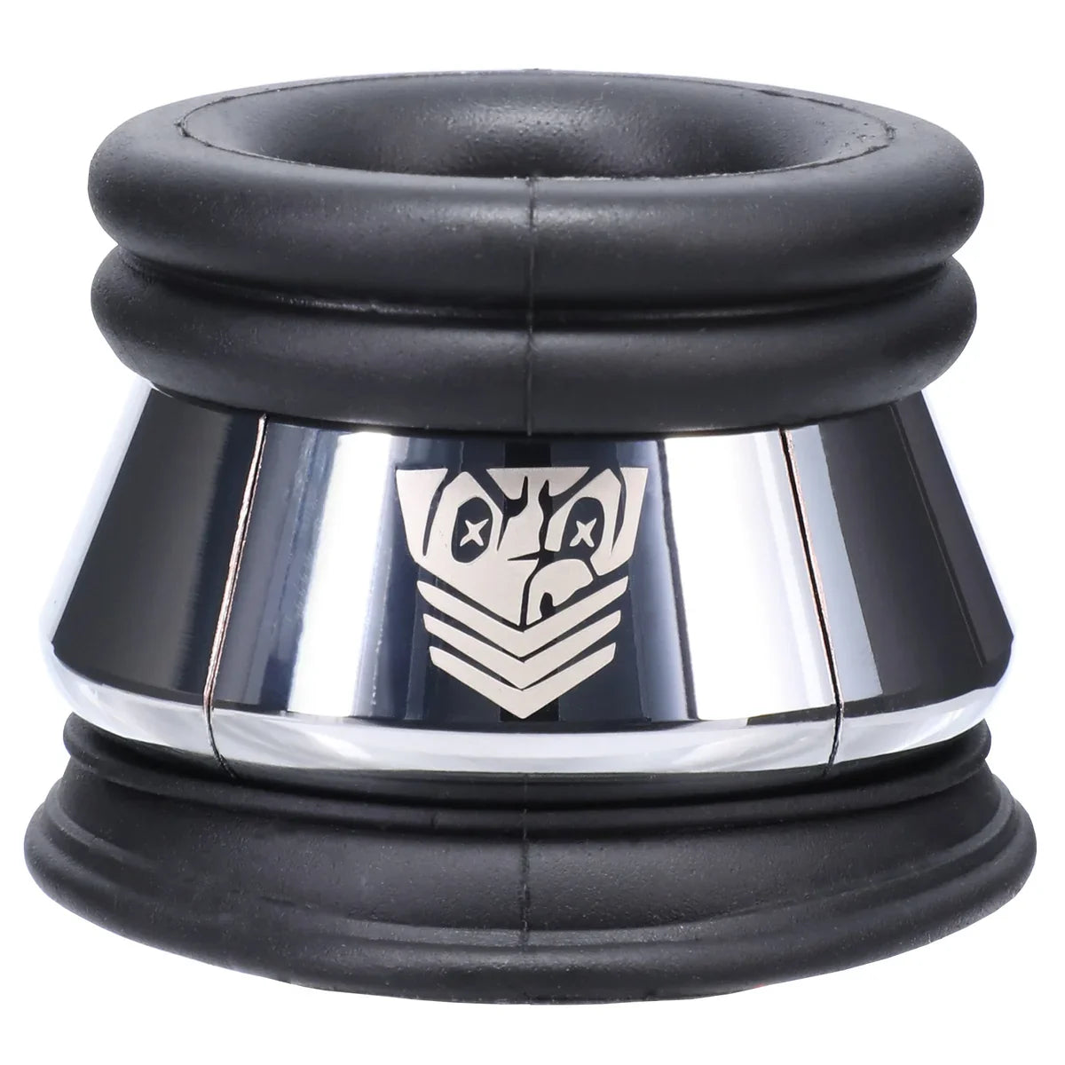 Full Metal Jacket weighted ball stretcher, black silicone sleeve in a polished steel jacket, front view, Fort Troff gay gear at Boyzshop