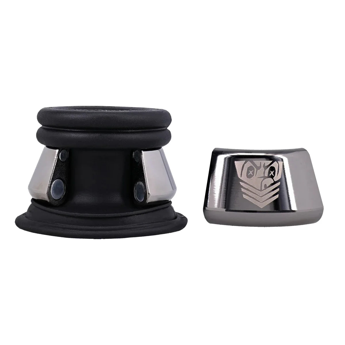 Full Metal Jacket silicone ball stretcher sleeve beside its detached magnetic metal weight, Fort Troff gay gear at Boyzshop
