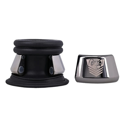 Full Metal Jacket silicone ball stretcher sleeve beside its detached magnetic metal weight, Fort Troff gay gear at Boyzshop