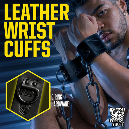 Model in leather wrist cuffs chained at the wrists, D-ring hardware close-up inset, Fort Troff gay gear at Boyzshop