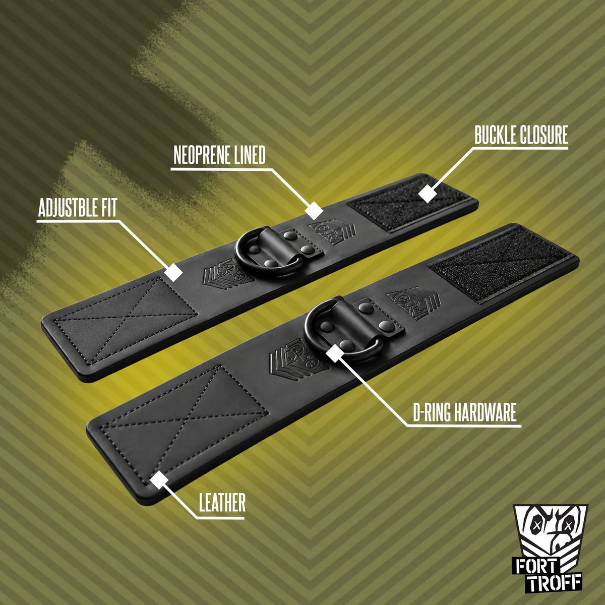 Leather wrist cuffs laid flat with callouts for neoprene lining, adjustable fit plus D-ring, Fort Troff gay gear at Boyzshop
