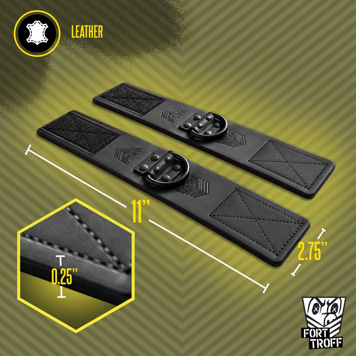 Leather bondage cuffs laid flat with 11 inch length, 2.75 inch width, 0.25 inch thickness, Fort Troff gay gear at Boyzshop