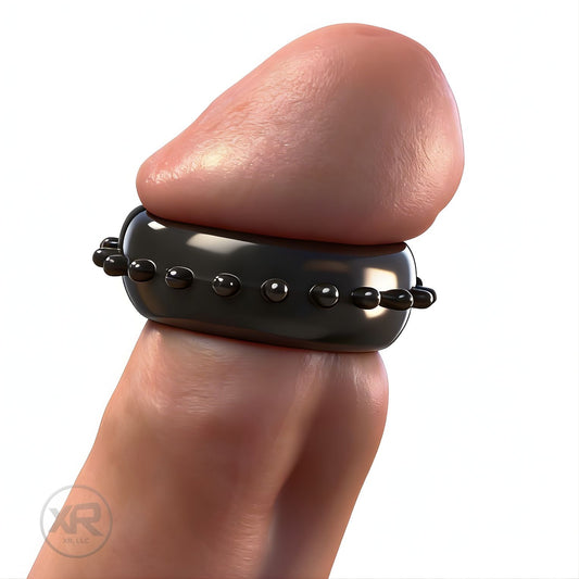 textured gummy cock ring worn by gay man providing a snug stretch fit with stimulating raised nubs for enhanced sensation