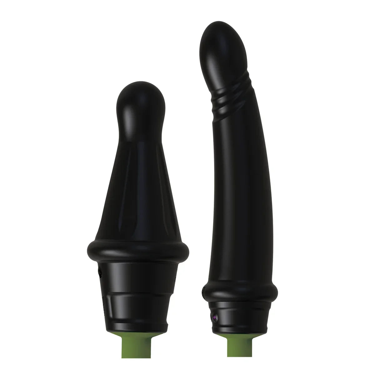 Gunner System two dildo attachments, wide plug and slim dong, on olive collars