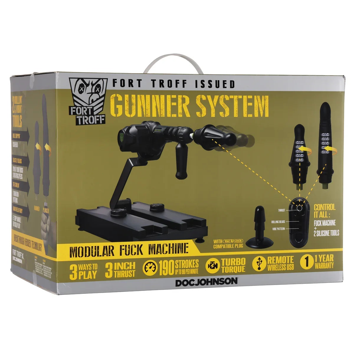 Gunner System 3-in-1 fucking machine in Fort Troff Issued retail box, front, 3 ways to play