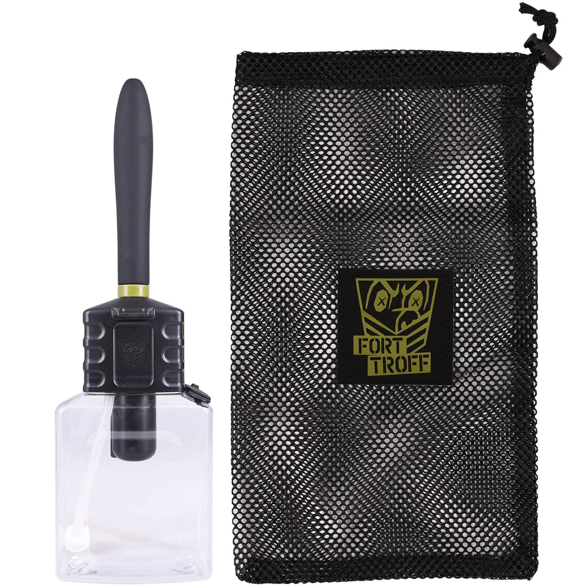 Hydro-Pro rechargeable anal douche next to its Fort Troff mesh storage bag on white, Fort Troff gay gear at Boyzshop